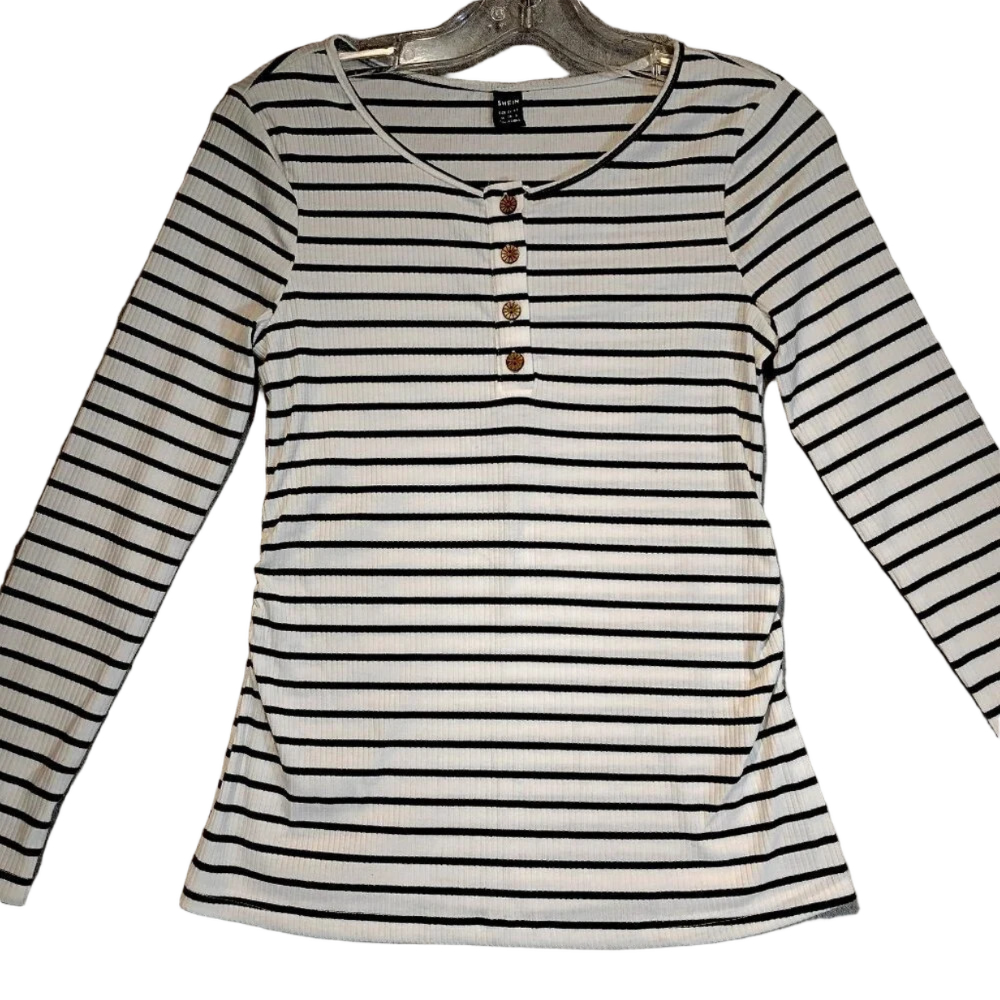 Shein NWOT White w/Blue Stripes Stretch Ribbed Sweater in Size M (US 6)
